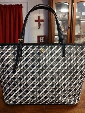 Tory Burch Black and White Geometric Logo Tote